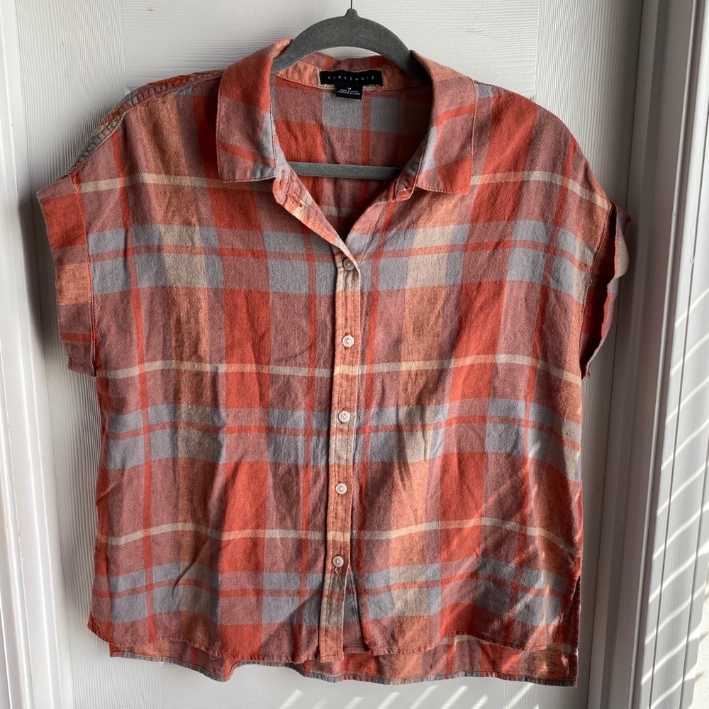 Sanctuary Plaid Button Down Short Sleeve Top